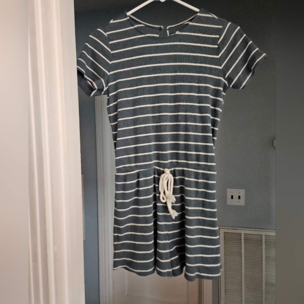 Pink Lily Blue and White Striped Tie Waist Ribbed Short Sleeve Romper